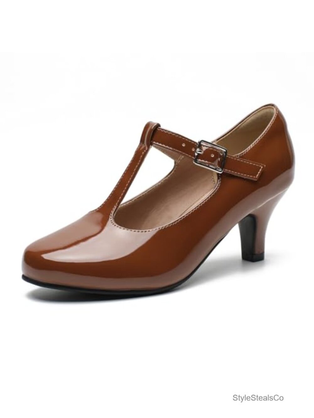T-Strap Pumps Women Round Toe Block Heel 2.36-Inch Mid Heel Faux Suede